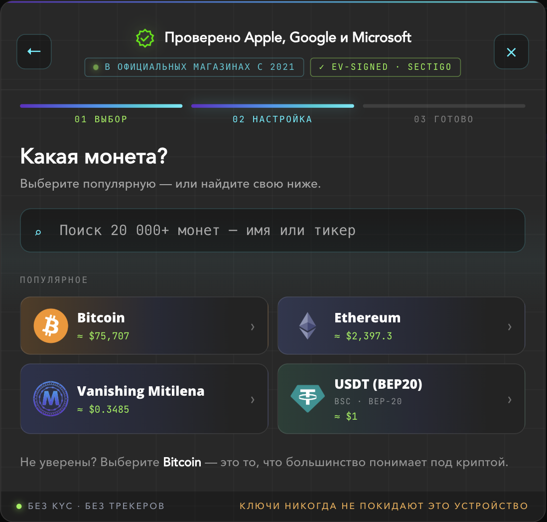 Layar «Koin mana?» dengan pilihan Bitcoin, Ethereum, dan USDT